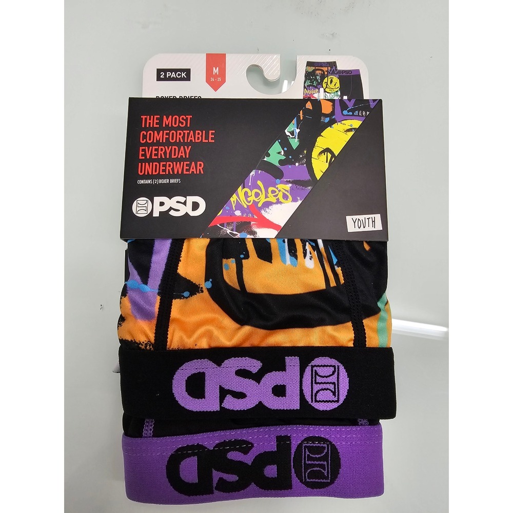 PSD Youth Boys 2 Pack Boxer Briefs Graffiti Smiley Face Black Purple Size Medium